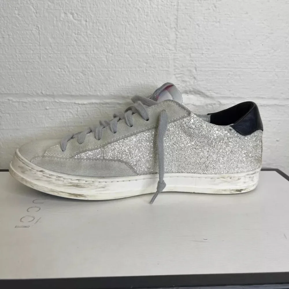 P448 Glitter Colorblock Pattern White Grey Silver Sneakers Low Top Women's 38 EU